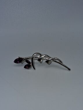Silver-Tone Vine Brooch with Purple Crystal Buds
